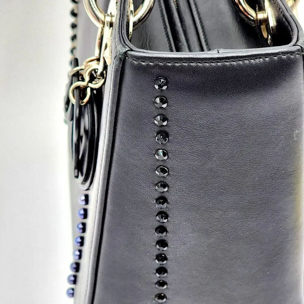 CHRISTIAN DIOR Black Leather Studs Embellished Medium Lady Dior Tote RARE - Picture 7 of 17